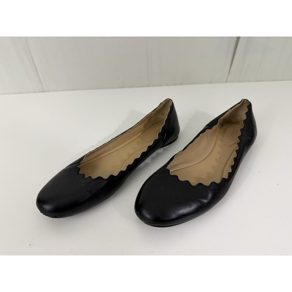 Chloe Lauren Womens Scalloped Ballet Flat EU 39 US 8.5 Black Leather Ultra-Femme